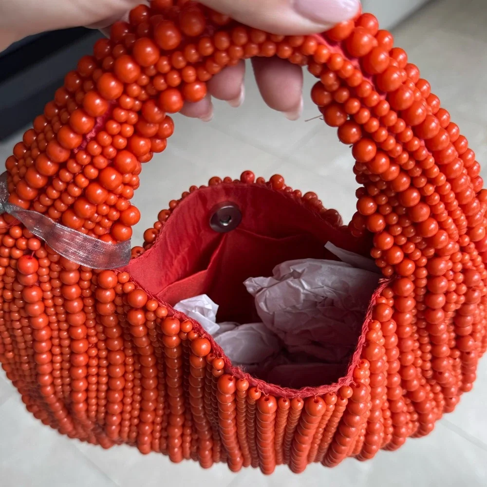 Handmade Orange Beaded Hobo Bag – India Artisan Craft - Picture 6 of 6